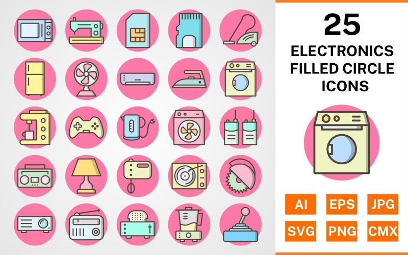 Download Набор иконок "25 Electronic Devices Filled Circle Icon Set" / 25 Electronic Devices Filled Circle Icon Set - Набор иконок на тему computer set,file,icon,icons,circle,vector,sign,symbol,pictogram,filled,outline,elctronics,devices,lamp,radio,juicer,fridge,washing machine,iron,ac
