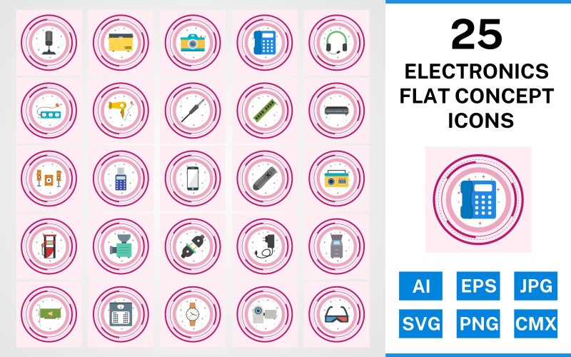 Download Набор иконок "25 Electronic Devices Flat Concept Icon Set" / 25 Electronic Devices Flat Concept Icon Set - Набор иконок на тему computer set,file,icon,icons,flat,vector,sign,symbol,pictogram,design,concept,elctronics,devices,mic,remote,watch,handy cam,camera,telephone,deep freezer
