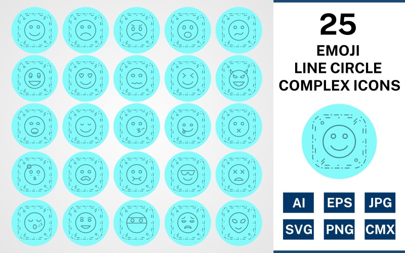 25 Emoji Line Circle Complex Ikonuppsättning