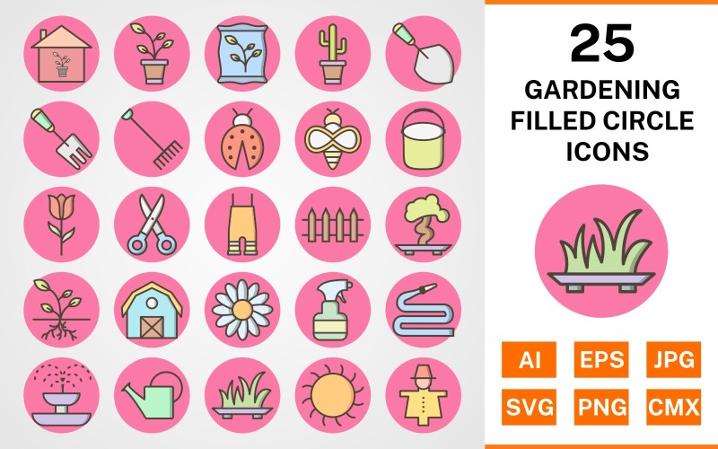 Download Набор иконок "25 Gardening Filled Circle Icon Set" / 25 Gardening Filled Circle Icon Set - Набор иконок на тему nature set,file,icon,icons,circle,vector,sign,symbol,pictogram,filled,outline,gardening,sprout,pail,hose,barn,root,grass,watercan,trowel