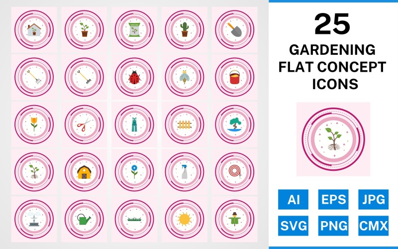 Download Набор иконок "25 Gardening Flat Concept Icon Set" / 25 Gardening Flat Concept Icon Set - Набор иконок на тему nature set,file,icon,icons,flat,vector,sign,symbol,pictogram,design,concept,gardening,sprout,pail,hose,barn,root,grass,watercan,trowel