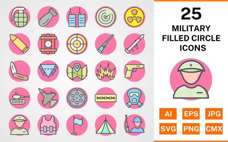 Download Набор иконок "25 Military Filled Circle Icon Set" / 25 Military Filled Circle Icon Set - Набор иконок на тему military set,file,icon,icons,circle,vector,sign,symbol,pictogram,filled,outline,military,bullet,target,grenade,jet,tent,gun,blast,radar