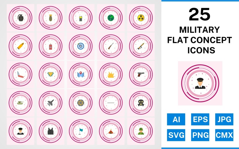 Download Набор иконок "25 Military Flat Concept Icon Set" / 25 Military Flat Concept Icon Set - Набор иконок на тему military set,file,icon,icons,flat,vector,sign,symbol,pictogram,design,concept,military,bullet,target,grenade,jet,tent,gun,blast,radar