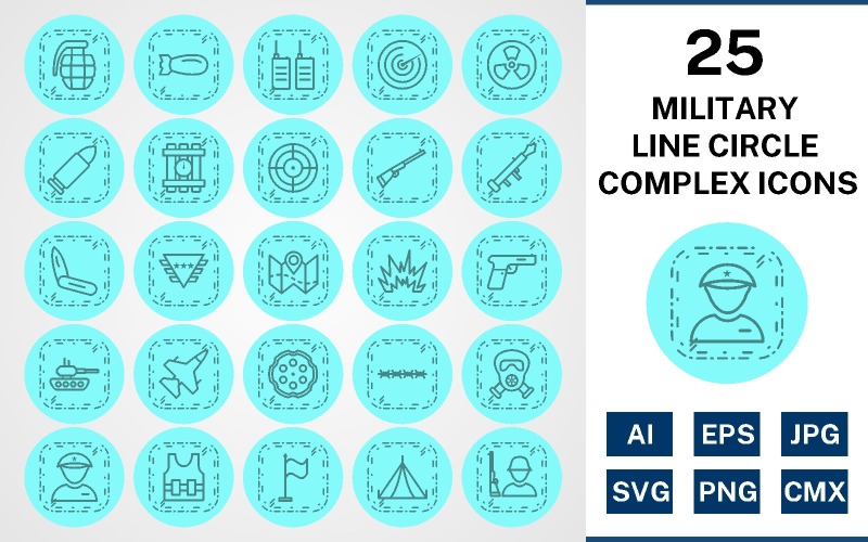 Download Набор иконок "25 Military Line Circle Complex Icon Set" / 25 Military Line Circle Complex Icon Set - Набор иконок на тему military set,file,icon,icons,circle,vector,sign,symbol,pictogram,line,complex,military,bullet,target,grenade,jet,tent,gun,blast,radar