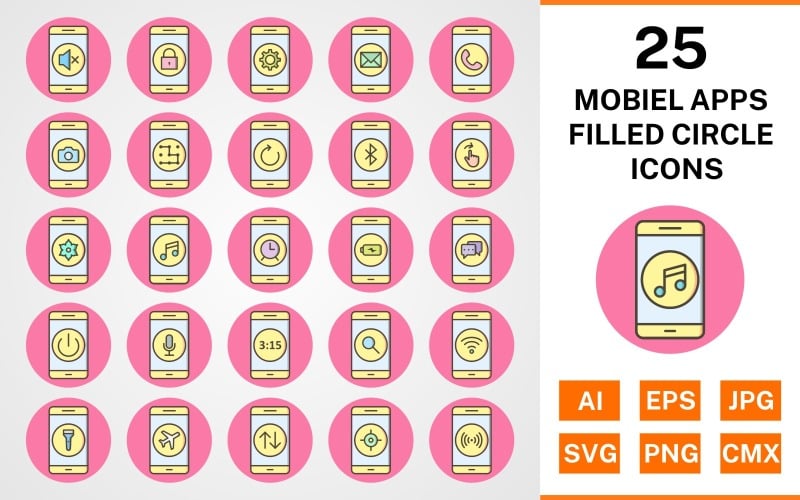 Download Набор иконок "25 Mobile Apps Filled Circle Icon Set" / 25 Mobile Apps Filled Circle Icon Set - Набор иконок на тему music set,file,icon,icons,circle,vector,sign,symbol,pictogram,filled,outline,mobile apps,power off,music,camera,call,lock,silent,alarm,hotspot