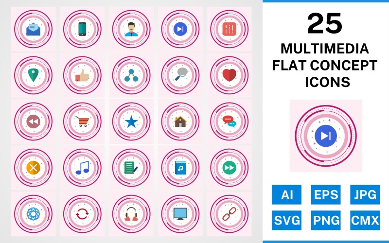 Download Набор иконок "25 Multimedia Flat Concept Icon Set" / 25 Multimedia Flat Concept Icon Set - Набор иконок на тему data set,file,icon,icons,flat,vector,sign,symbol,pictogram,design,concept,multimedia,next,avatar,heart,back,link,monitor,like,envelope