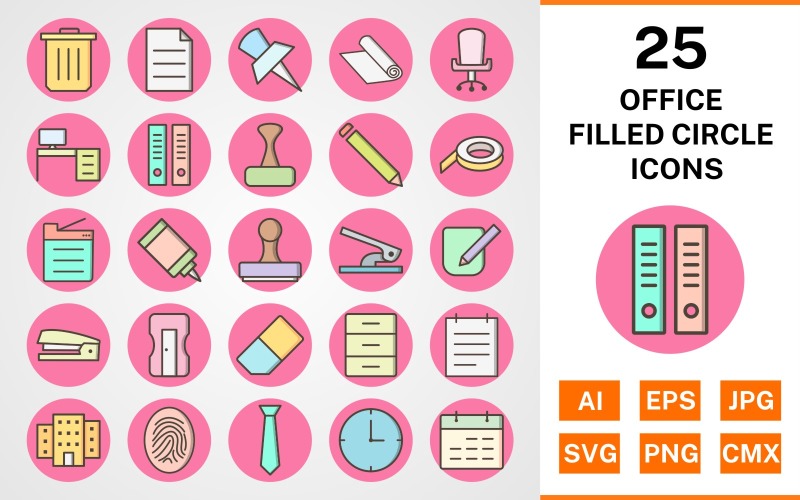 Download Набор иконок "25 Office Filled Circle Icon Set" / 25 Office Filled Circle Icon Set - Набор иконок на тему business set,file,icon,icons,circle,vector,sign,symbol,pictogram,filled,outline,office,notepad,clock,tie,stamp,office chair,office table,post it,trash