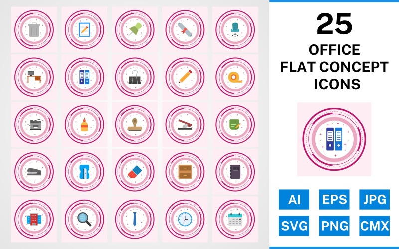 Download Набор иконок "25 Office Flat Concept Icon Set" / 25 Office Flat Concept Icon Set - Набор иконок на тему business set,file,icon,icons,flat,vector,sign,symbol,pictogram,design,concept,office,notepad,clock,tie,stamp,office chair,office table,post it,trash