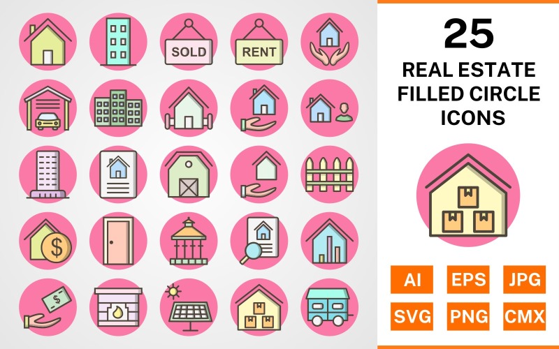 Download Набор иконок "25 Real Estate Filled Circle Icon Set" / 25 Real Estate Filled Circle Icon Set - Набор иконок на тему city set,file,icon,icons,circle,vector,sign,symbol,pictogram,filled,outline,real estate,house,garage,building,farm house,loan,agent,flat,mortgage