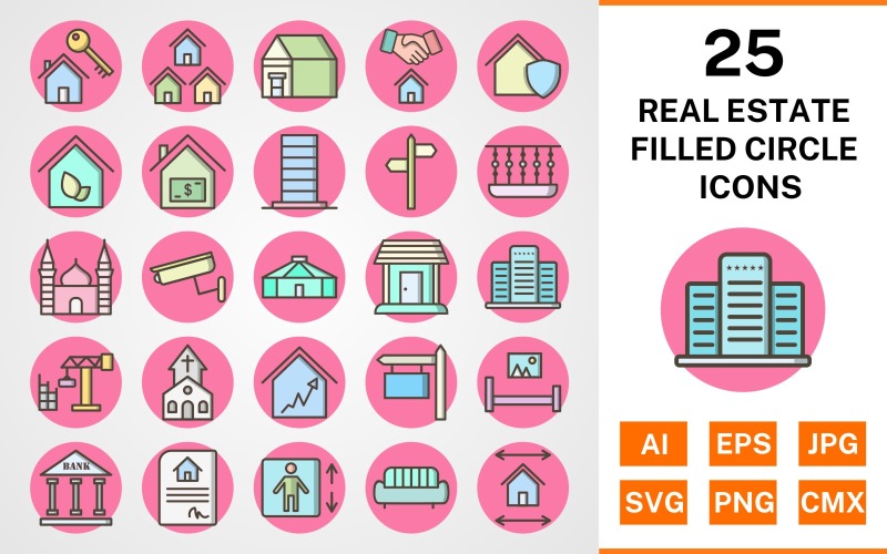 Download Набор иконок "25 Real Estate Filled Circle Icon Set" / 25 Real Estate Filled Circle Icon Set - Набор иконок на тему city set,file,icon,icons,circle,vector,sign,symbol,pictogram,filled,outline,real estate,mosque,church,balcony,mansion,eco house,lift,yurt,bank