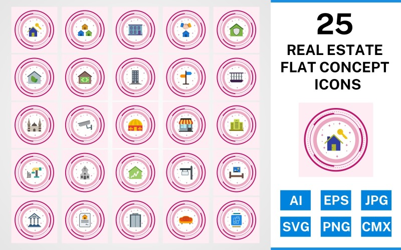 Download Набор иконок "25 Real Estate Flat Concept Icon Set" / 25 Real Estate Flat Concept Icon Set - Набор иконок на тему city set,file,icon,icons,flat,vector,sign,symbol,pictogram,design,real estate,mosque,church,balcony,mansion,eco house,lift,yurt,bank,concept