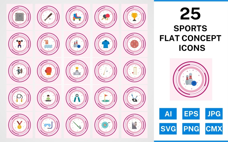 Download Набор иконок "25 Sports And Games Flat Concept Icon Set" / 25 Sports And Games Flat Concept Icon Set - Набор иконок на тему sports set,file,icon,icons,flat,vector,sign,symbol,pictogram,design,concept,sports,games,chess,goal,yoga,bowling,boxing,bullseye,hockey
