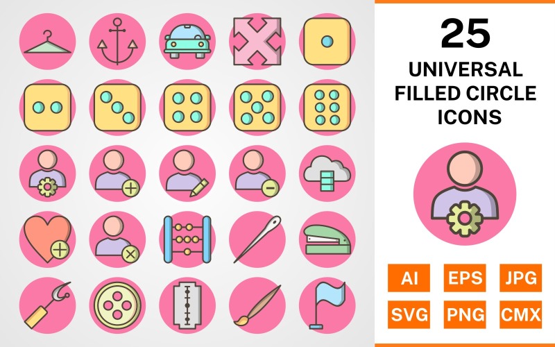 Download Набор иконок "25 Universal Filled Circle Icon Set" / 25 Universal Filled Circle Icon Set - Набор иконок set,file,icon,icons,circle,vector,sign,symbol,pictogram,filled,outline,universal,hanger,dice six,flag,needle,edit profile,staper,button,blade