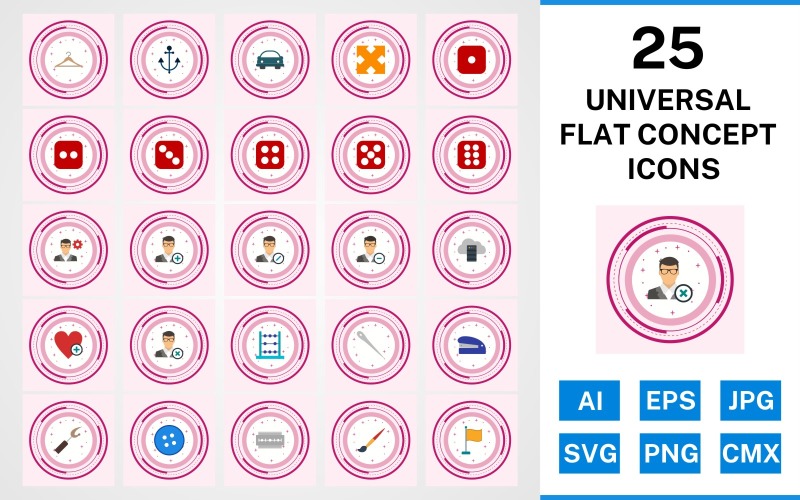 Download Набор иконок "25 Universal Flat Concept Icon Set" / 25 Universal Flat Concept Icon Set - Набор иконок set,file,icon,icons,flat,vector,sign,symbol,pictogram,design,concept,universal,hanger,dice six,flag,needle,edit profile,staper,button,blade