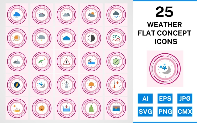 Download Набор иконок "25 Weather Flat Concept Icon Set" / 25 Weather Flat Concept Icon Set - Набор иконок на тему weather set,file,icon,icons,flat,vector,sign,symbol,pictogram,design,concept,weather,cloudy,hot,sunset,sheild,fog,beach umbella,snowman,dark ray