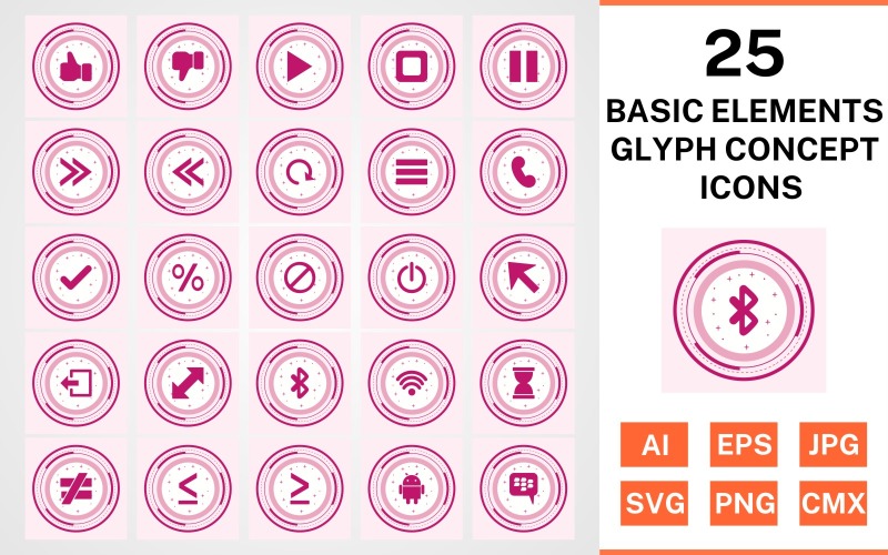 Download Набор иконок "25 Basic Elements Glyph Concept Icon Set" / 25 Basic Elements Glyph Concept Icon Set - Набор иконок на тему data set,file,icon,icons,glyph,vector,sign,symbol,pictogram,design,concept,basic elements,play,stop,tick,like,cursor,android,blackberry,menu