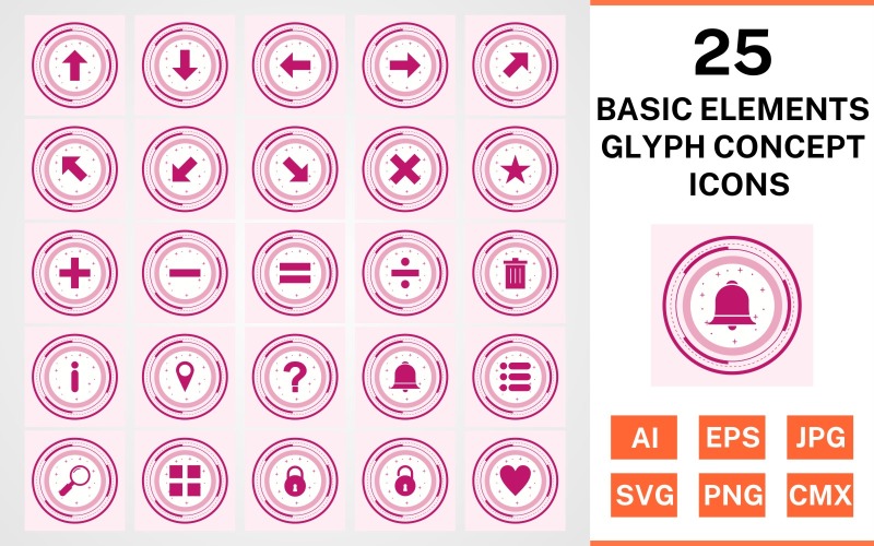 Conjunto de iconos de concepto de glifo de 25 elementos básicos