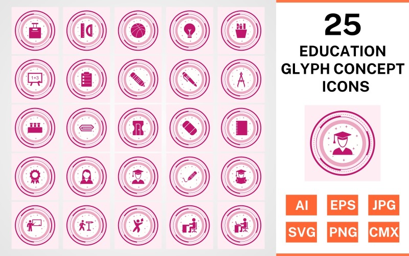 Conjunto de iconos de concepto de glifo de educación 25
