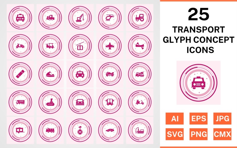 Conjunto de iconos de concepto de glifo de transporte 25
