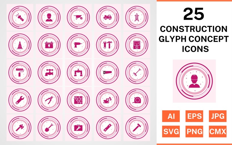 Download Набор иконок "25 Construction Glyph Concept Icon Set" / 25 Construction Glyph Concept Icon Set - Набор иконок на тему industrial set,file,icon,icons,glyph,vector,sign,symbol,pictogram,design,concept,construction,engineer,loader,tools,tool box,drill,paint roller,pipe,saw