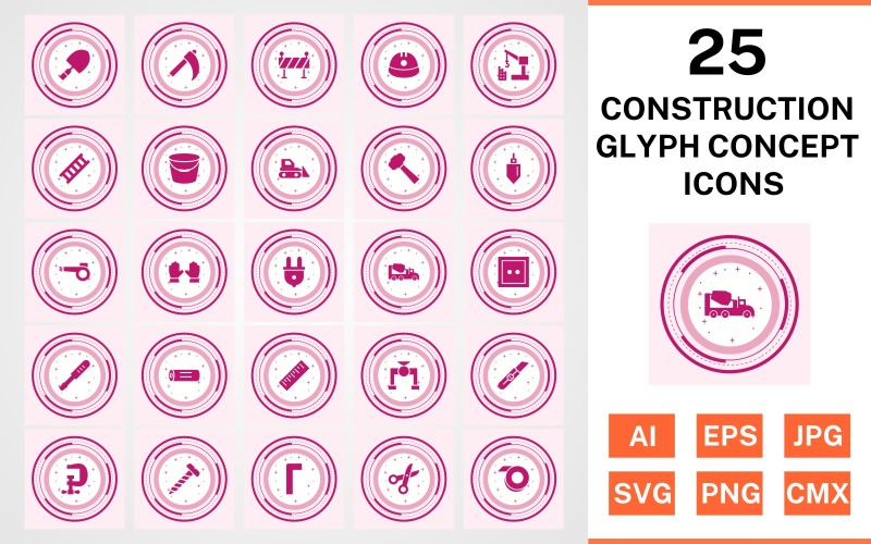 Download Набор иконок "25 Construction Glyph Concept Icon Set" / 25 Construction Glyph Concept Icon Set - Набор иконок на тему industrial set,file,icon,icons,glyph,vector,sign,symbol,pictogram,design,concept,construction,trowel,ladder,bucket,vise,ruler,helmet,hammer,bulldozer