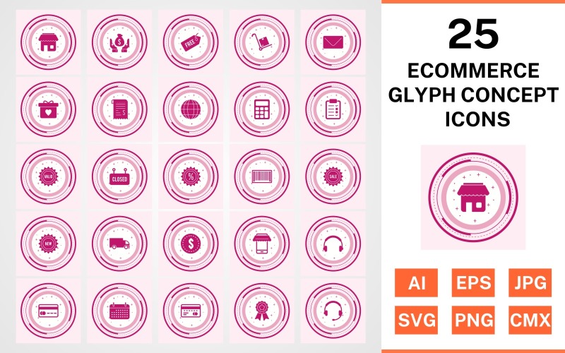 Download Набор иконок "25 Ecommerce Glyph Concept Icon Set" / 25 Ecommerce Glyph Concept Icon Set - Набор иконок на тему shopping set,file,icon,icons,glyph,vector,sign,symbol,pictogram,design,concept,ecommerce,envelope,saving,trolley,new,sale,atm,shop,discount