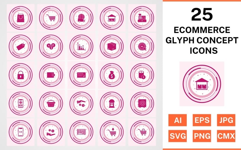 Download Набор иконок "25 Ecommerce Glyph Concept Icon Set" / 25 Ecommerce Glyph Concept Icon Set - Набор иконок на тему shopping set,file,icon,icons,glyph,vector,sign,symbol,pictogram,design,concept,ecommerce,buy,security,tag,vault,add to cart,payment,basket,cheque