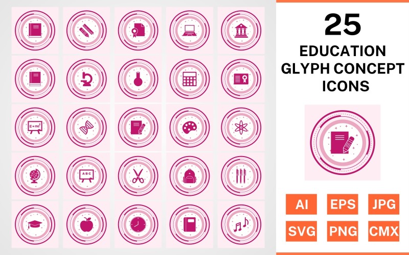 Download Набор иконок "25 Education Glyph Concept Icon Set" / 25 Education Glyph Concept Icon Set - Набор иконок на тему science set,file,icon,icons,glyph,vector,sign,symbol,pictogram,design,concept,education,books,bagpack,notebook,flask,microscope,notes,markers,calculator