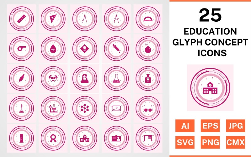Download Набор иконок "25 Education Glyph Concept Icon Set" / 25 Education Glyph Concept Icon Set - Набор иконок на тему science set,file,icon,icons,glyph,vector,sign,symbol,pictogram,design,concept,education,toxic,scale,school,award,chemicals,beaker,divider,compass