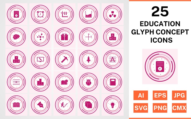 Download Набор иконок "25 Education Glyph Concept Icon Set" / 25 Education Glyph Concept Icon Set - Набор иконок на тему science set,file,icon,icons,glyph,vector,sign,symbol,pictogram,design,concept,education,brain,cube,book dvd,open book,electron,alarm,notepad,radiation