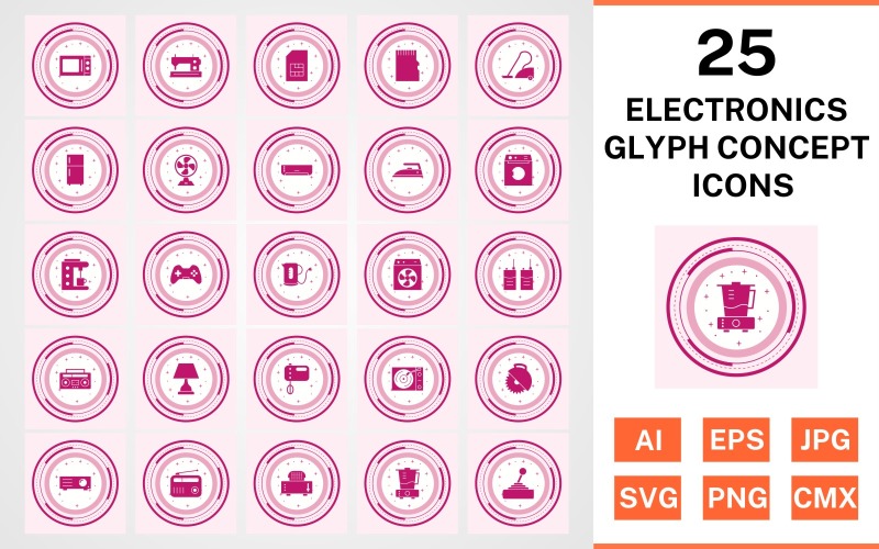 Download Набор иконок "25 Electronic Devices Glyph Concept Icon Set" / 25 Electronic Devices Glyph Concept Icon Set - Набор иконок на тему computer set,file,icon,icons,glyph,vector,sign,symbol,pictogram,design,concept,elctronics,devices,lamp,radio,juicer,fridge,washing machine,iron,ac