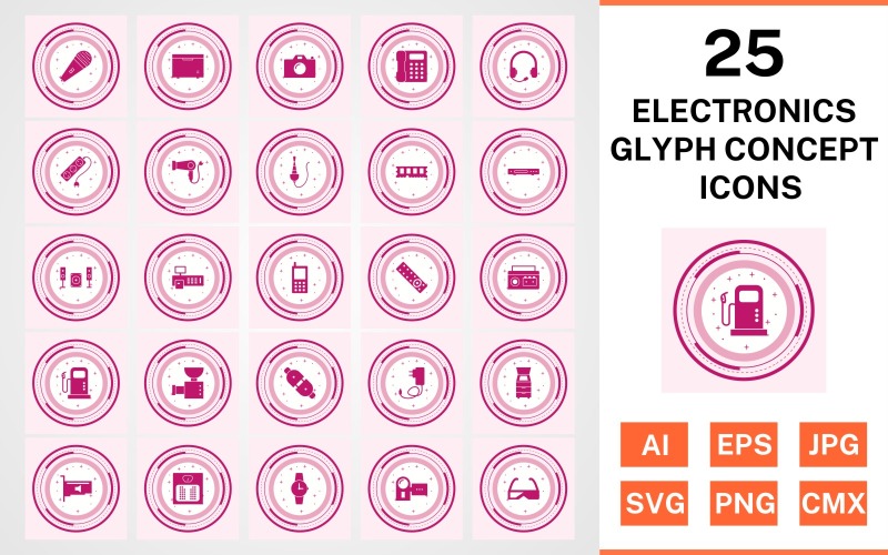 25 Elektronik Cihazlar Glif Konsept Simge Seti
