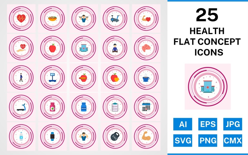 25 hälsa platt koncept Ikonuppsättning