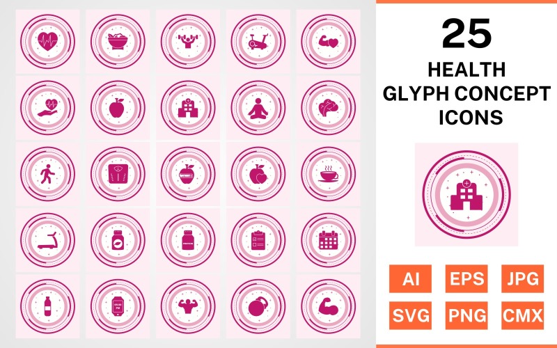 25 Health Glyph Concept Ikonuppsättning