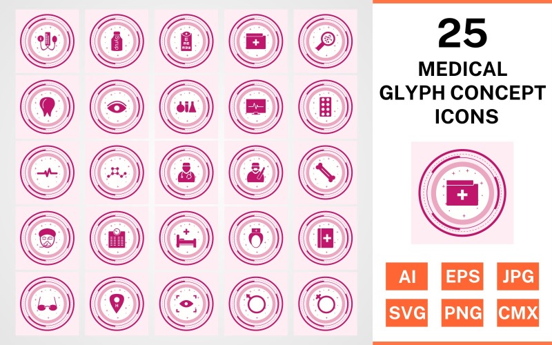 Download Набор иконок "25 Medical Glyph Concept Icon Set" / 25 Medical Glyph Concept Icon Set - Набор иконок на тему medical set,file,icon,icons,glyph,vector,sign,symbol,pictogram,design,concept,medical,doctor,nurse,bed,scan,eye test,bp apparatus,bone,tablets