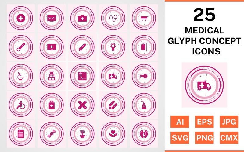 25 Medical Glyph Concept Ikonuppsättning