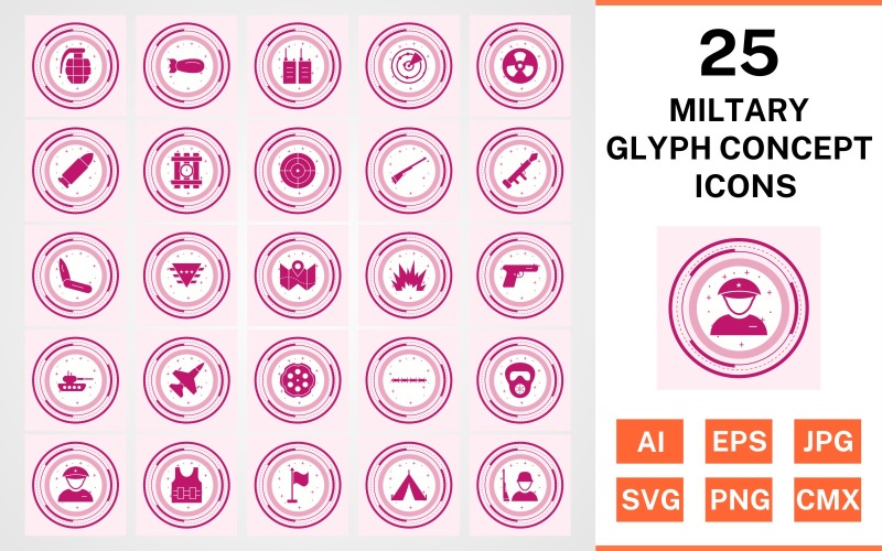 Download Набор иконок "25 Military Glyph Concept Icon Set" / 25 Military Glyph Concept Icon Set - Набор иконок на тему military set,file,icon,icons,glyph,vector,sign,symbol,pictogram,design,concept,military,bullet,target,grenade,jet,tent,gun,blast,radar