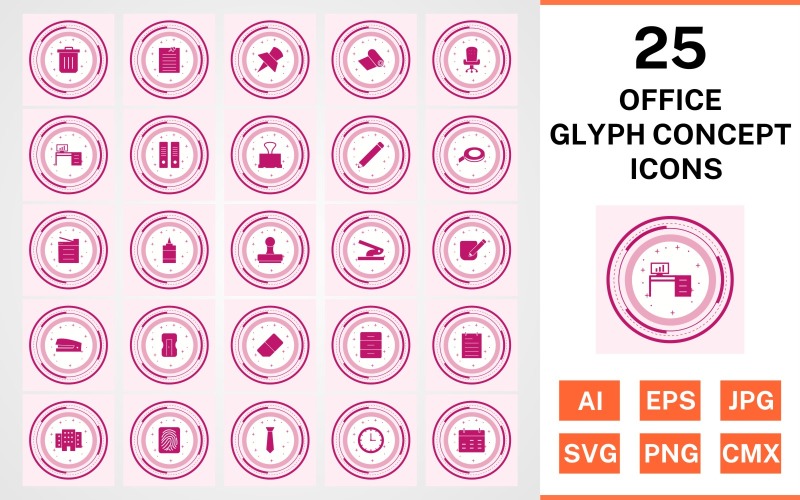 Download Набор иконок "25 Office Glyph Concept Icon Set" / 25 Office Glyph Concept Icon Set - Набор иконок на тему business set,file,icon,icons,glyph,vector,sign,symbol,pictogram,design,concept,office,notepad,clock,tie,stamp,office chair,office table,post it,trash