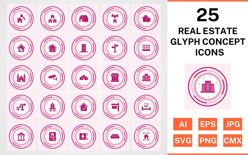 Download Набор иконок "25 Real Estate Glyph Concept Icon Set" / 25 Real Estate Glyph Concept Icon Set - Набор иконок на тему city set,file,icon,icons,glyph,vector,sign,symbol,pictogram,design,concept,real estate,mosque,church,balcony,mansion,eco house,lift,yurt,bank