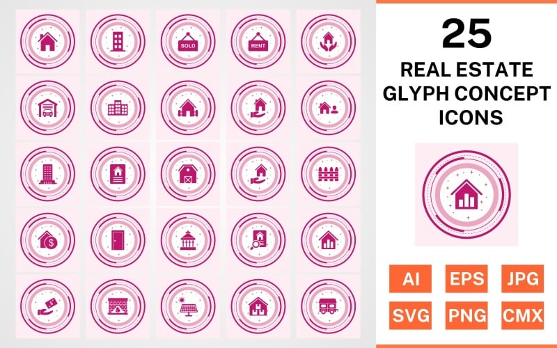 25 Real Estate Glyph Concept Ikonuppsättning