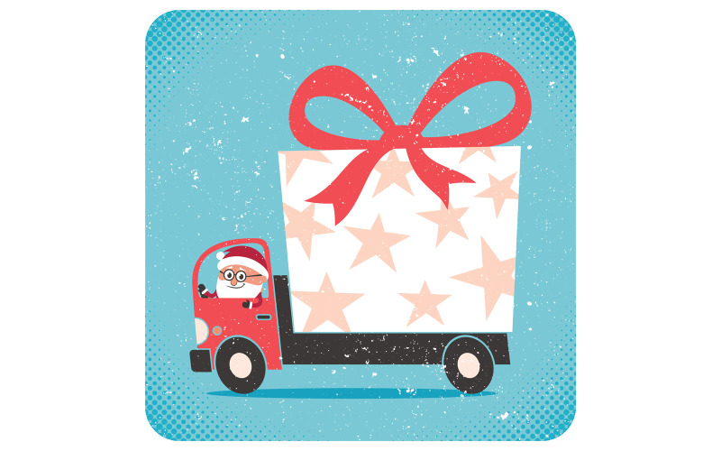 Download Иллюстрация "Santa Bringing Gift - Illustration" / Santa Bringing Gift - Illustration - Иллюстрация на тему графика gift,present,christmas,holiday,season,winter,celebration,card,greeting,background,banner,truck,santa,santa claus,happy,merry,jolly,xmas,eve,ribbon