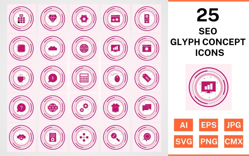 Download Набор иконок "25 Seo Glyph Concept Icon Set" / 25 Seo Glyph Concept Icon Set - Набор иконок на тему network set,file,icon,icons,glyph,vector,sign,symbol,pictogram,design,concept,seo,network,settings,stats,diamond,conversation,starred,target,processor