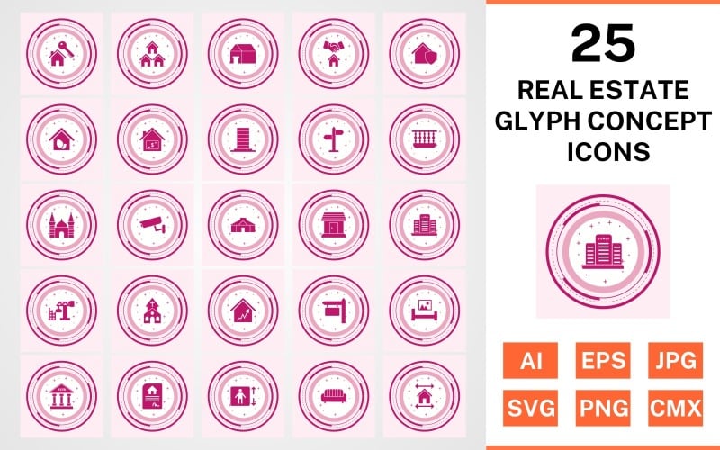 25 Set di icone di concetto di glifo immobiliare