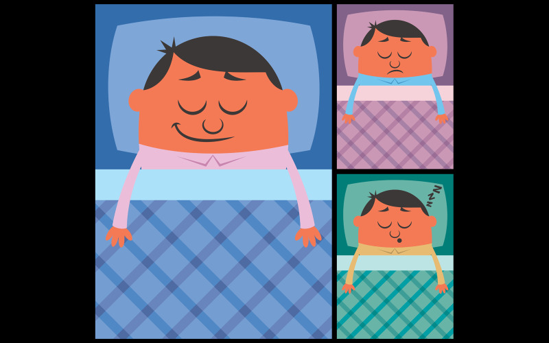 Download Иллюстрация "Sleeping - Illustration" / Sleeping - Illustration - Иллюстрация на тему графика sleep,sleeping,napping,relaxation,relaxing,resting,man,person,male,dreaming,smiling,happy,worried,nightmare,dream,bed,pillow,blanket,pajama,copy space