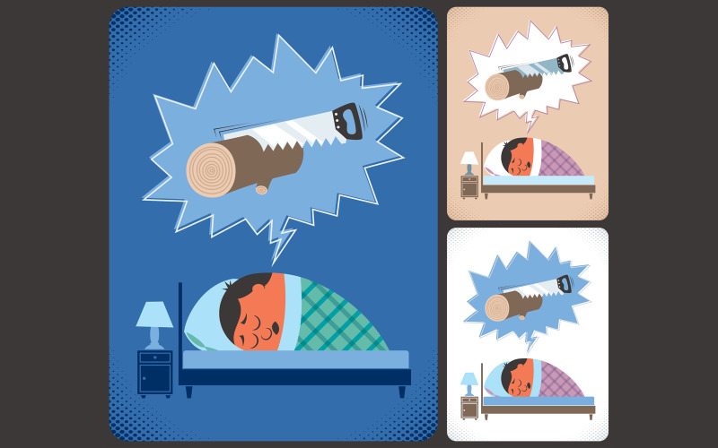 Download Иллюстрация "Snoring - Illustration" / Snoring - Illustration - Иллюстрация на тему графика snore,snoring,sleep,sleeping,napping,relaxation,relaxing,resting,man,person,male,noise,sound,health,problem,issue,saw,tree,bedroom,bed