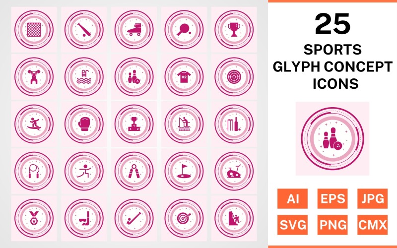 Download Набор иконок "25 Sports And Games Glyph Concept Icon Set" / 25 Sports And Games Glyph Concept Icon Set - Набор иконок на тему sports set,file,icon,icons,glyph,vector,sign,symbol,pictogram,concept,sports,games,chess,goal,yoga,bowling,boxing,bullseye,hockey,design