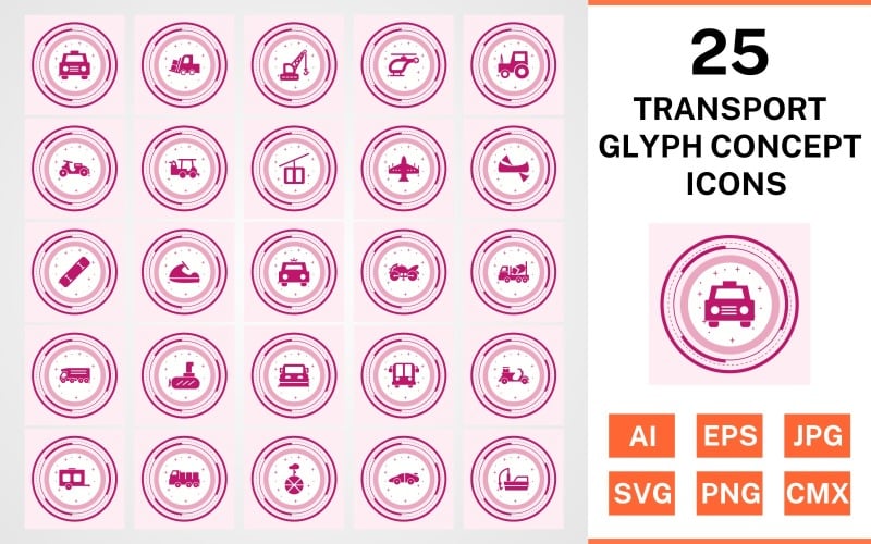 Download Набор иконок "25 Transport Glyph Concept Icon Set" / 25 Transport Glyph Concept Icon Set - Набор иконок на тему transport set,file,icon,icons,glyph,vector,sign,symbol,pictogram,design,concept,transport,taxi,wagon,dumper,submarine,golf cart,vespa,loader,fishing boat