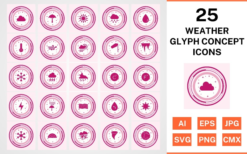 Download Набор иконок "25 Weather Glyph Concept Icon Set" / 25 Weather Glyph Concept Icon Set - Набор иконок на тему weather set,file,icon,icons,glyph,vector,sign,symbol,pictogram,design,concept,weather,cloud,rain,sun,tornado,rainbow,windy,rain drop,temparature