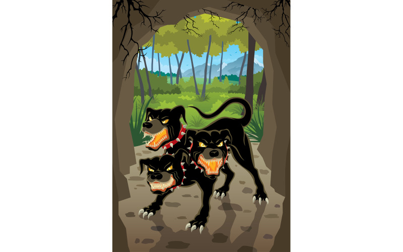Download Иллюстрация "Cerberus - Illustration" / Cerberus - Illustration - Иллюстрация на тему графика cerberus,dog,monster,evil,guardian,guard dog,creature,character,canine,horror,cave,entrance,aggression,aggressive,forest,roots,fairy tale,greek,mythology,fantasy