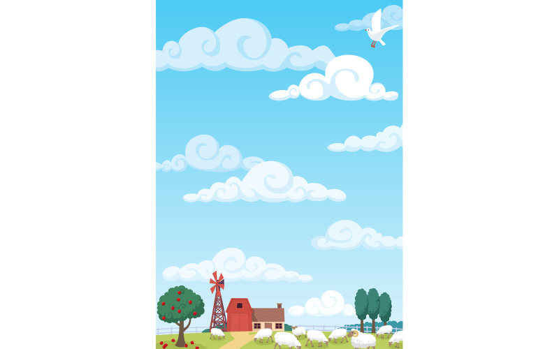 Download Иллюстрация "Farm Background - Illustration" / Farm Background - Illustration - Иллюстрация на тему графика farm,ranch,farmhouse,background,landscape,cloud,sky,cloudscape,agriculture,tree,apple,sheep,flock,house,barn,fence,wind generator,pasture,meadow,vector